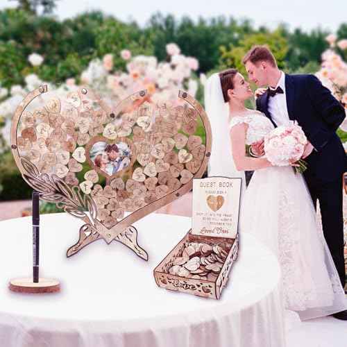 Wedding Guest Book Alternative, Rustic Heart Shaped Wooden Guest Book with 100 Wooden Hearts Tree for Wedding Party Birthday, Personalized Wedding Decor with Guest Sign-In Box & Heart Frame for Photo