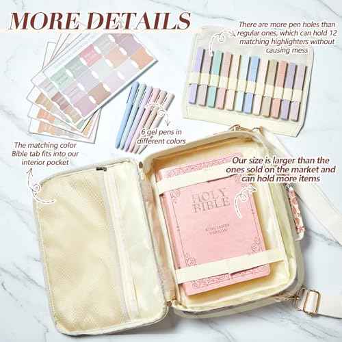 Large Bible Cover Case for Women, Bible Study Supplies 12 x 9 x 2.5 Chenille Letter PU Leather with Tabs Gel Pen Highlighters with Strap Back to School Supplies Christian Gifts for Girl