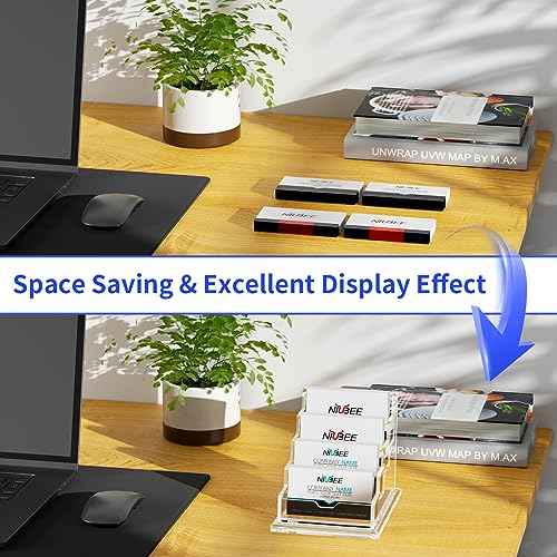 NIUBEE Clear Business Cards Holders 4 Tier Acrylic Card Holder for Business Cards, 4 Slots Business Card Display for Desk Counter, 300 Card Capacity, 1 Pack