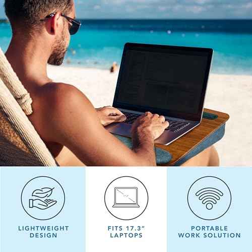 LAPGEAR Portable Laptop Lap Desk with Pillow Cushion, Anti-Slip Strip, Tablet or Phone Storage Slot, Pen and Pencil Pocket, and Wrist Rest - Espresso Woodgrain - Fits 17.3" Laptops - Style No. 91342