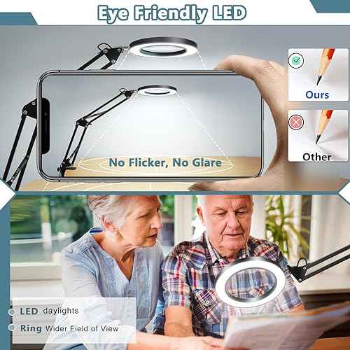 10X Magnifying Glass with Light and Clamp, Veemagni 3 Color Modes Stepless Dimmable Real Glass LED Lighted Magnifier, Adjustable Swing Arm Desk Lamp Hands Free for Close Works Crafts Repairing Sewing