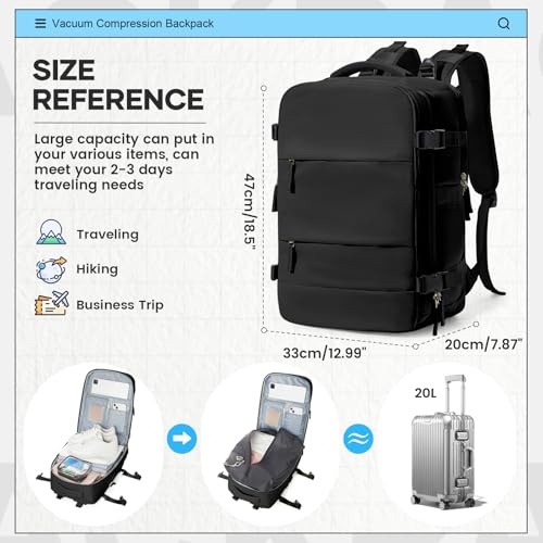 Vacuum Backpack Travel with Pump for Women Men Large Carry on Backpack Flight Approved Personal item Travel Bag with Vacuum System Black
