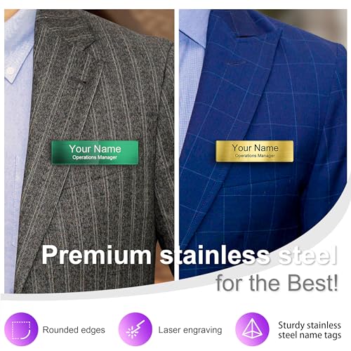 Personalized Engraved Metal Name Badge with Magnetic Backing 2.8x0.8 - No Logo, 3-Line Engraving