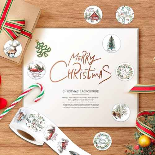 Christmas Stickers, 500 PCS Merry Christmas Stickers Roll, Round Self Adhesive Seals Label Sticker Decals for Xmas Holiday Seals Cards Gift Envelopes Crafts Present Box Decoration (8 Designs, 1 Inch)