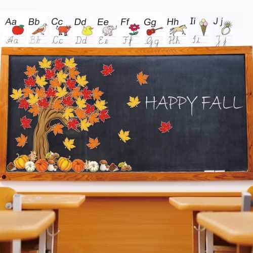 4Ft Big Tree Bulletin Board Set Spring Fall Summer Tree Bulletin Board Decoration with Maple Leaves Butterflies Pumpkins Cutouts for Classroom Home Chalkboard Wall Decoration, 74Pcs (Maple Leaves)