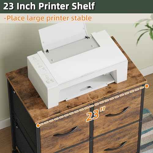 4 Drawer Lateral File Cabinet, Mobile Filing Cabinet for Large Printer, Home Office Functional Small Office Storage Cabinet & Printer Stand, Fabric Drawer, Fits Letter/A4, Rustic Brown