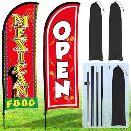 Buryeah 2 Sets Mexican Food and Open Feather Flag 7ft Mexican Food Open Banner Advertising Sign Swooper Flag with Pole Kit Ground Stake Portable Bag for Restaurants, Diners, Markets Business