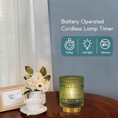 Battery Operated Lamp with Timer, Cordless Table Lamps for Room Decor,Small Table Lamp with LED Bulb, Glass Lamps Beside Table Light for Living Room,Bedroom (Green)