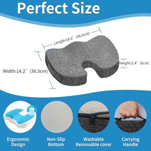 Seat Cushion for Long Sitting, Cooling Gel Memory Foam Seat Cushion - Back, Sciatica, Coccyx, Tailbone Pain Relief - for Office Chairs, Car Seat, Wheelchair Sitting Cushion (Black)