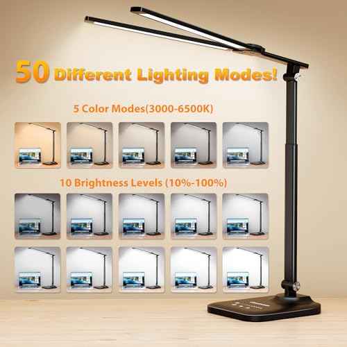 LED Desk Lamp for Office Home, Height Adjustable Architect Desk Light with USB Adapter, Stepless Dimming Table Lamp Light for Reading, Study, Workbench