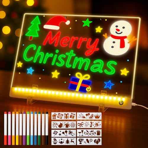 Led Drawing Board with 12 Markers, 13.8"x10.3" Light Up Message Board for Kids - 4 Light Modes 8 Drawing Stencils, Led Doodle Note Board with Colors for Neon Sign as Christmas Gifts for Grandkids