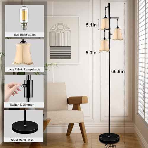 Lightdot 66IN Dimmable Floor Lamp for Living Room, Industrial 3-Light Tree Floor Lamps with LED E26 Bulbs Included, Mid Century Floor Lamp with Fabric Flower Lampshades for Bedroom HOM Office-Black