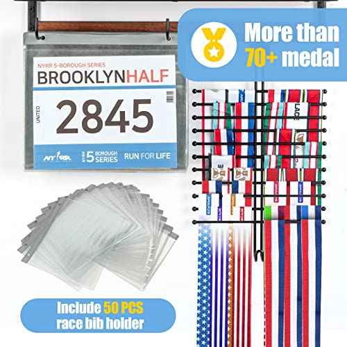 Medal Display Hanger Marathon Race Bibs Display Holder, Wall Mounted Trophy Shelf Rack and Hooks for Running, Sports, Gymnastics Awards 50 Bib Flip Pouches- MK817A