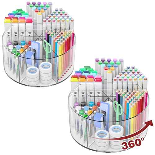 Absonic 2 Pack Acrylic Pen Organizer, 360 Rotating Clear Colored Pen and Pencil Crayon Marker Holder Caddy for Desk, Desktop Storage and Organizer for School Art Supplies