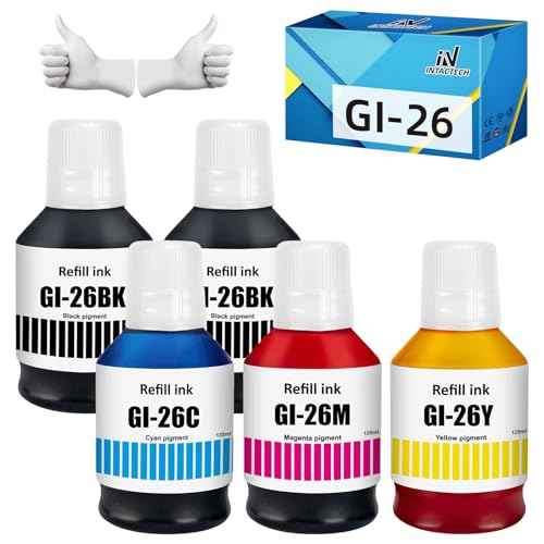 GI-26 Ink Refill Bottle Replacement for Canon GI 26 GI26 Pigment Ink Work for Canon MAXIFY GX3020 GX4020 GX5020 GX6020 GX6021 GX7020 GX7021 Printer (Black 170ml, CMY 135ml, 5-Pack)
