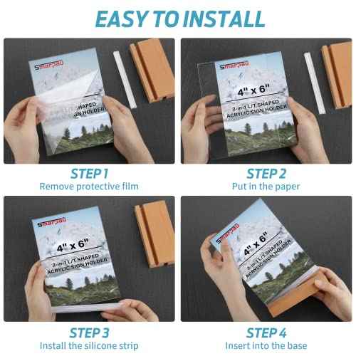 Smarpau 4x6 Acrylic Sign Holder with Wood Base, 8 Pack L/T Shape 2 in 1 Table Sign Stand Vertical or Slant Back Display, Photo Picture Frame, Menu Holder for Restaurant, Office, Store, Wedding