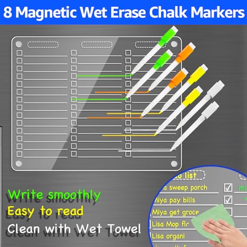 PigPotParty Acrylic Magnetic to Do List White Board for Refrigerator, 12"x9.5" Clear Dry Erase Board, Fridge Grocery List Magnet Checklist Whiteboard for Adult Family Kids, w/ 8 Markers and 1 Towel