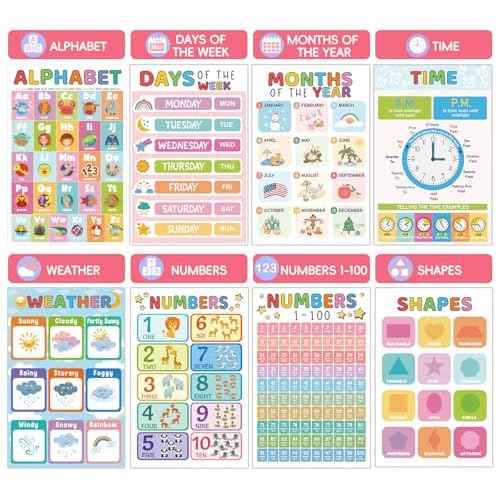 16 Educational Posters for Toddlers, Laminated Classroom Learning Posters, Kindergarten Classroom Must Haves, Preschool Homeschool Supplier Materials Alphabet Number Chart Classroom Wall Decor (New version, no printing errors)