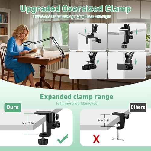 12X Long Arm Magnifying Glass with Light, 5 Color and Brightness LED Desk Lamp with Large Clamp, Hands Free Magnifier Light and Stand for Workbench Crafts Reading Hobby Close Work