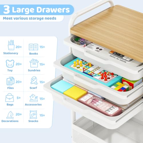 KINGRACK 3-Tier Rolling Cart with Drawer (White) – Metal Utility Storage Cart with Pegboard