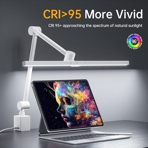 deeloop 2-Arms Swing Long LED Desk Lamp with Clamp, CRI 95+ Eye-Caring Light, USB Charging Output, 2-Hour Timer, Dimmable Desk Light with Memory, Architect Desk Lamps for Home Office Reading &Monitor