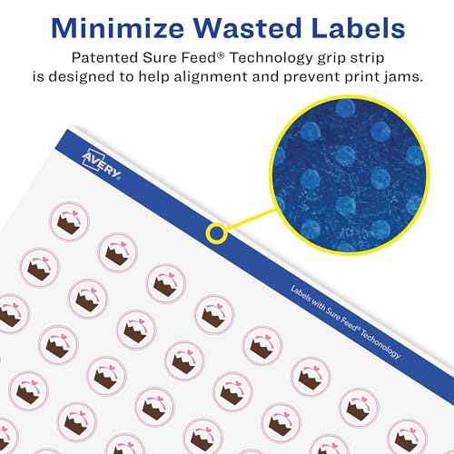 Avery Matte White Removable Round Labels, Sure Feed Technology, Print-to-The-Edge, 1" Diameter, 2,400 Removable Labels, Laser/Inkjet Printable