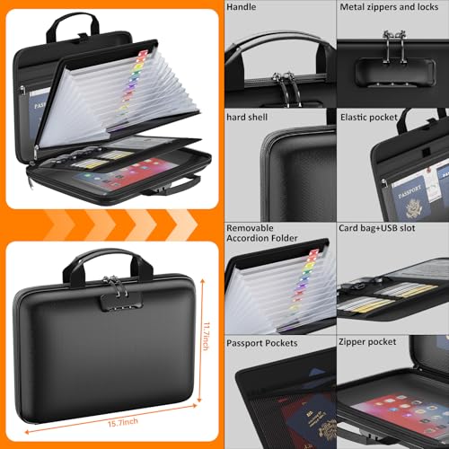 Fireproof File Organizer with Lock, Hard-Shell Case Fireproof Document Box with 13 Pockets Accordion File Folder, Important Document Organizer for Letter A4 Files Laptop Passports (Black)