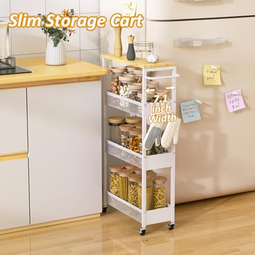 White 7.1-Inch Wide Slim Metal Storage Cart with Wood Top - Mobile Organizer