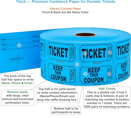 Tacticai 1000 Raffle Tickets Double Roll - Blue, 50/50 Event Tickets for Fundraisers & Parties