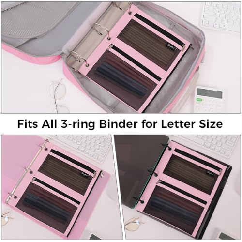 Pink SKYDUE Pencil Pouch for 3 Ring Binder 11x9 with Mesh Window & 3 Pockets
