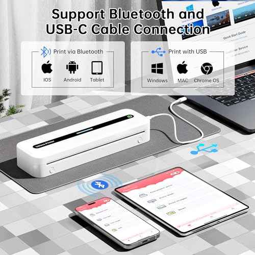 Portable Printer, 300DPI Wireless Bluetooth Thermal Printers, Support Multi-Size Thermal Paper, Compatible with iOS, Android & PC, Inkless Mobile Printer for Travel, Office, School, White