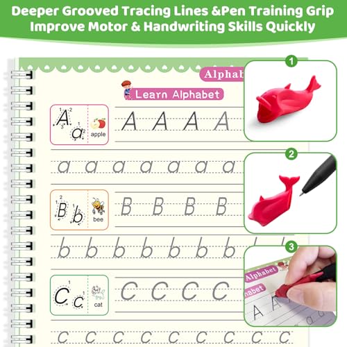 Magic Grooved Writing Practice for Kids 3-8, Reuable Grooved Handwriting Practice for Kids with 2 Pens & 20 Refills + Watercolor Book with Water Pen, Large Writing Practice Book (8 Books)