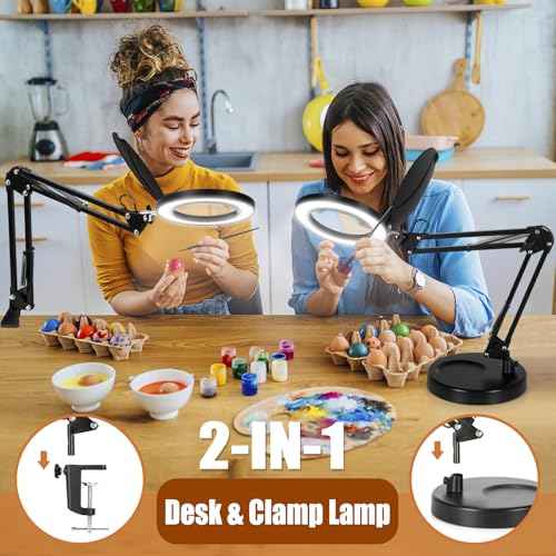 Veemagni 2-in-1 Magnifying Glass with Light and Stand, 3 Color Modes Stepless Dimmable, 4X Real Glass Desk Lamp with Clamp & Lens Cap, LED Lighted Magnifier with Light for Reading Crafts Close Works