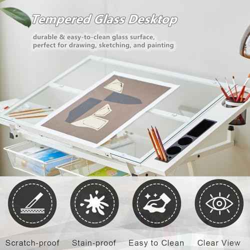 Drafting Table, 0-75¡Æ Tilting Glass Tabletop Drawing Table with Stool - Adjustable Height Art Desk with Multi-Storage for Sketching and Painting - Perfect for Artists and Hobbyists, White