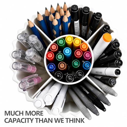 Lebenrich White Rotating Pen Holder for Desk, 5 Compartments, Water Ripple Design