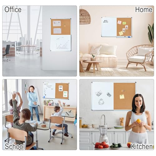 36x24 Inch Magnetic Whiteboard & Cork Bulletin Board Combo - Wall Mount Office Home School Organizer