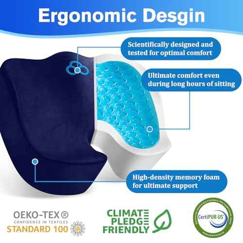 Seat Cushion, Gel Chair Cushions, Office Chair Cushions, Anti-Slip Bottom & Removable Cover Tailbone Pain Relief Cushion, Memory Foam Seat Cushion, 5.28 in Thick (Blue)