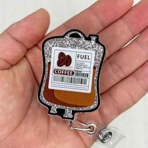 Funny Coffee Fuel Glitter Badge Reel Retractable for Nurse Nursing RN CNA LPN Medical Worker & Office Staff | Cute Nurse Gifts, Coffee IV Bag Badge Holder with Alligator Clip & 24¡± Durable Nylon Cord