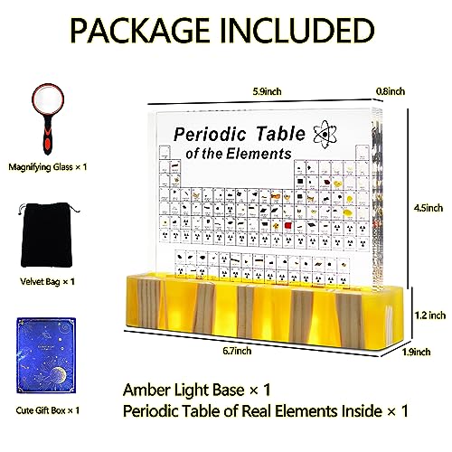 Periodic Table with Real Elements Inside, Amber Lighted Stand Acrylic Periodic Table of Elements Poster, Crafts D?cor Teaching Tool Chemistry Gift for Kids Adults Students Teacher Science Lovers