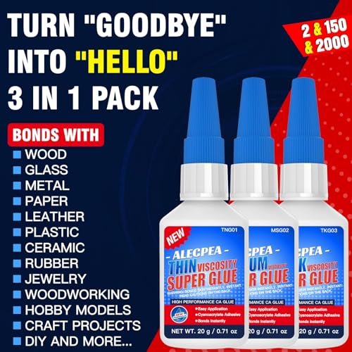 Alecpea 60g CA Glue Kit - Thin 2cP, Medium 150cP & Thick 2000cP (Clear) 3-Pack
