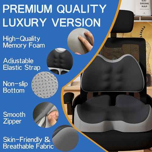 Benazcap X Large Memory Foam Seat Cushion Lumbar Support Pillow for Sciatica & Tailbone Pressure Relief Coccyx Pad for Office Chair, Wheelchair, Car, Home, Office