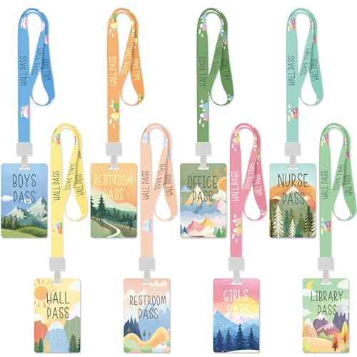 8 Set PVC Hall Pass Lanyards Mountains Unbreakable Hall School Passes Teacher Supplies for Classroom Elementary Middle School Bathroom Library Office Nurse