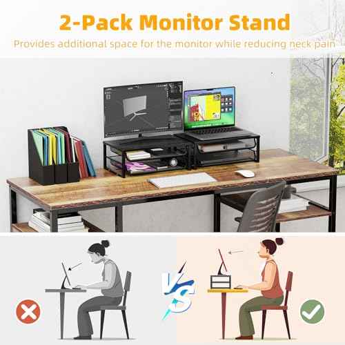 2 Pack Desk Organizer and Accessories, 2-Tier Metal Computer Monitor Stand Riser with Drawer, Desk Accessories & Workspace Organizers for Home Office Supplies, Black