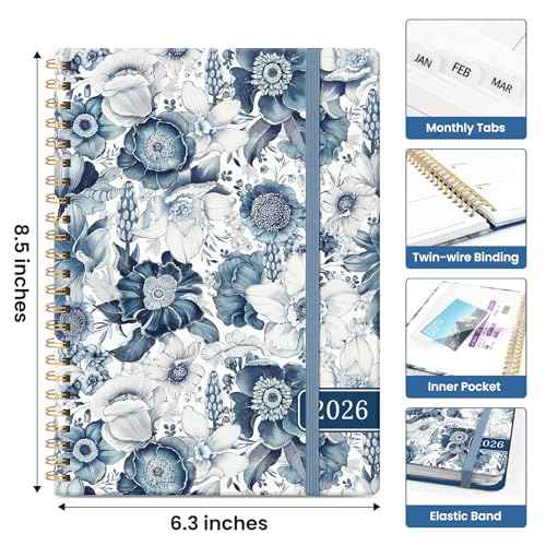 2026 Planner, Monthly and Weekly Calendar Planner for Women, January 2026 - December 2026, Hardcover Pretty 2026 Agenda Planner Book with Tabs, Spiral Bound, Perfect for School Office Home Supplies, 6.3" x 8.5" - Blue Floral