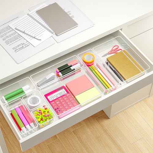 Clear Plastic Drawer Organizers Set of 45 Vanity Organizers Stackable Storage Bins Dividers Bathroom Organizers Storage Vanity Organizer Bins for Makeup, Kitchen Utensils, Jewelries, Office