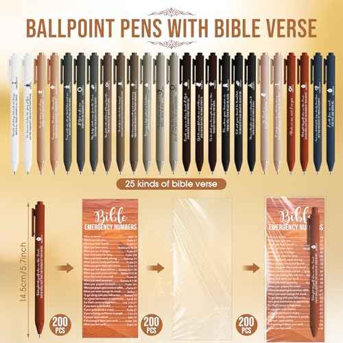 200 Set Christian Church Gifts 200 Bible Verse Pens Bulk 200 Bible Emergency Numbers Bookmarks Religious Pens Church Visitors Gifts for Men Women(Natural Colors,Scenery Style)
