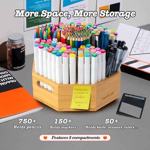 360¡Æ Rotating Art Supply Organizer, Holds 750+ Pencils, Bamboo Marker & Pen Holder with Handles, Desk Storage Caddy for Paint Brushes, Crayons, Ideal for Office, Home, Classroom