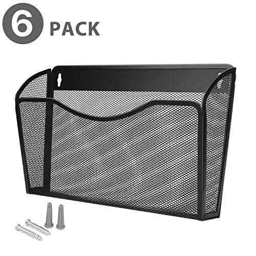 Flexzion Wall Folder File Letter Pocket Holder (6 Pack) Metal Mesh Desk Hanging Basket Box Bin Mail A4 Size Paper Document Organizer, Storage Rack Single Slot Wall Mount for Office School Home - Black