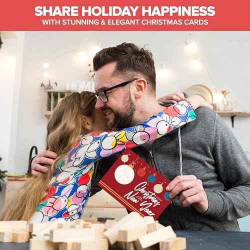Decorably 50 Pack Foiled 5x7in Assorted Christmas Cards with Envelopes and Stickers, 50 Unique and Festive Designs Bulk Christmas Cards with Envelopes Bulk, with Printed Message Inside
