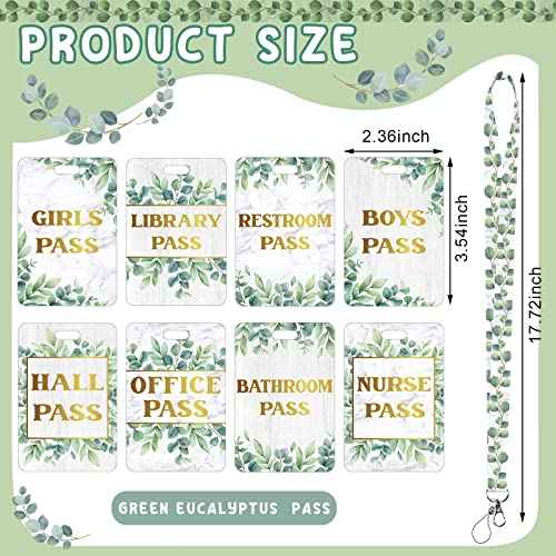 Teling 8 Sets Hall Pass Lanyards and School Passes Set Unbreakable PVC Passes for School Classroom Hall Restroom Bathroom Library Office Nurse Teacher Supplies(Eucalyptus Style)